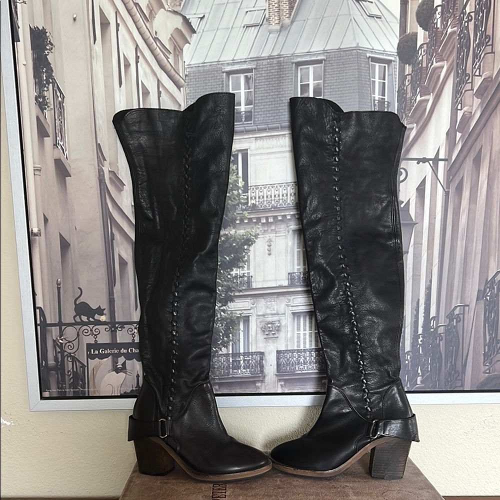 Free People Black Over the Knee Boots with Slouchy Design